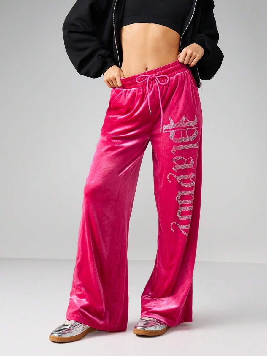 Missguided x Playboy 水钻Logo丝绒运动裤阔腿抽绳休闲裤家居裤 - 粉色 - 查看 1