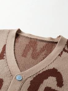 Manfinity Roghcode Áo khoác cardigan dệt kim dài tay, cài khuy đơn họa tiết chữ dành cho nam, mùa thu/đông - Màu Khaki - Xem 4