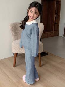 DAZY 女童休闲撞色领毛衣针织裤套装，秋冬季 - 藍色 - 查看 4