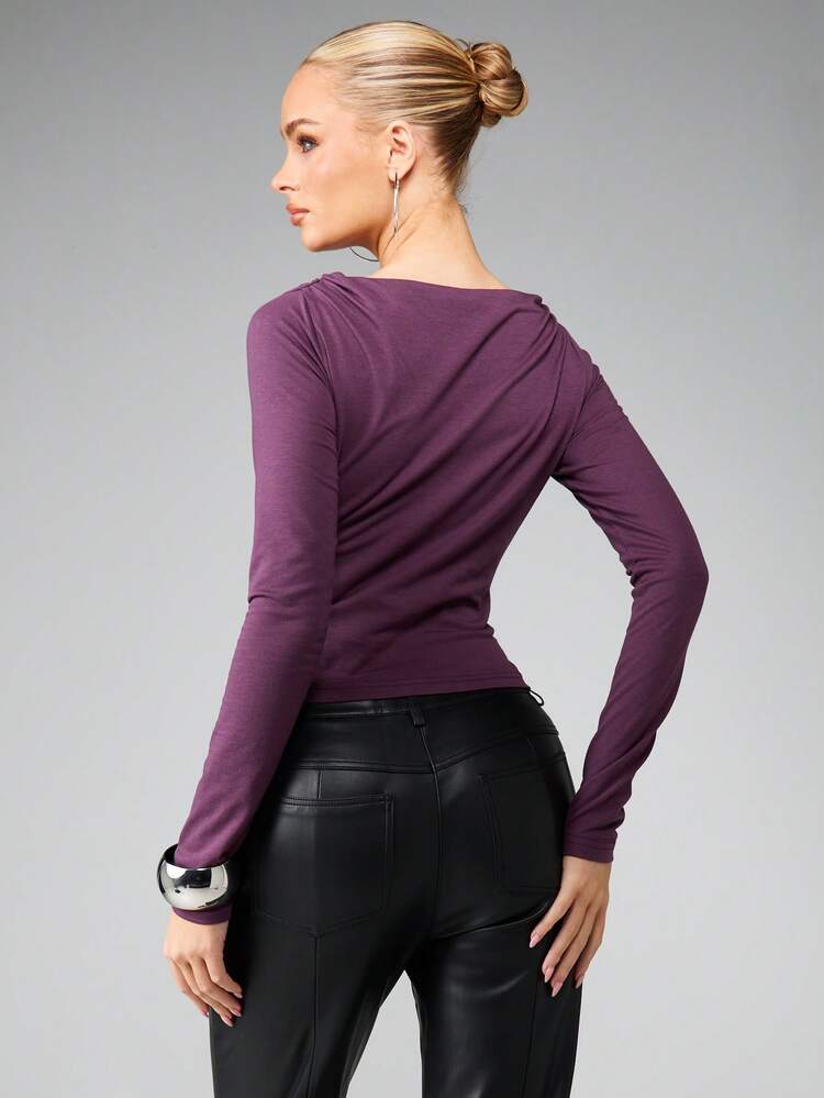 MISSGUIDED Long Sleeve Boat Neck Cowl Drape Top Fall Winter Casual Blouse