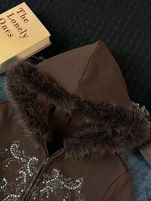 SHEIN EZwear Women's Casual Printed Rhinestone Fuzzy Hooded Sweatshirt, Autumn/Winter Brown Sweatshirt Embroidered Sweatshirt - Chocolate Brown - View 3