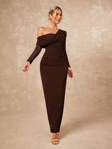 Lumalex Women's Elegant Sexy Burgundy Asymmetric Collar Criss-Cross Ruched Waist Slit Hem Long Sleeve Bodycon Dress, Spring/Summer - Brown - View 8