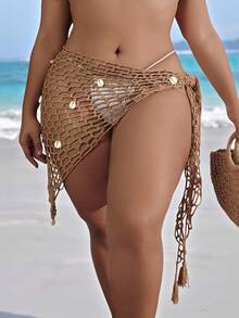 Swim Vcay 加大码女式钩针贝壳沙滩披肩三角围巾罩衫卡其色性感沙滩泳衣罩衫