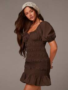 Athîral Women's Casual Tie Front Puff Sleeve Brown Dress,Christmas Dress And New Year Outfits,Party Dress, Chocolate Brown Dress, Brown Sundress, Coffee Brown Dress, Brown Short Dress, Summer Dress - Brown - View 6