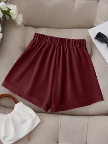 GlowEve CURVE 大码纯色褶皱休闲短裤 - 酒紅色 - 查看 2