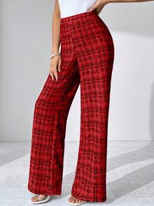 SHEIN Tall CURVE Quần dệt kim co giãn họa tiết kẻ caro thanh lịch dành cho nữ cỡ lớn mùa hè, phù hợp cho nhiều dịp khác nhau, thích hợp cho kỳ nghỉ hè, du lịch thanh lịch và đi làm hàng ngày - Đỏ - Xem 3