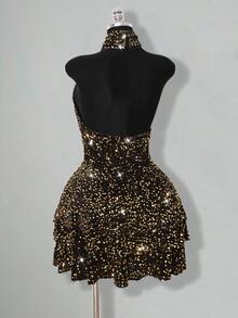 SHEIN ICON 大码金色亮片深V领双层蛋糕裙连衣裙，Y2K性感亮片派对礼服 - 酒紅色 - 查看 9