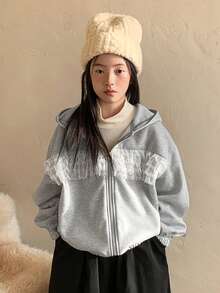 DAZY Tween Girls Lace Patchwork Hooded Fleece Sweatshirt, Fall - Grey - View 4