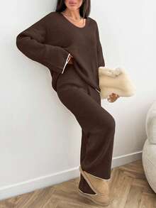 EURMUSE Women's Ribbed Knit Sweater Beige Pullover Suitable For Winter - Brown - View 5