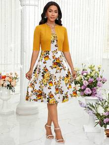 SHEIN Lady 春夏浪漫亮色轻熟气质优雅长裙短外套两件套 - 黃色 - 查看 6