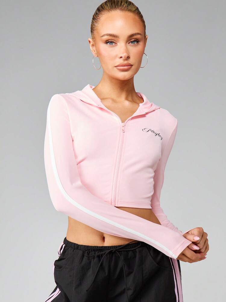 Missguided x Playboy Hooded Crop Zip Up Jacket With Side Stripes Casual Activewear Outerwear For Training Fitness Gym