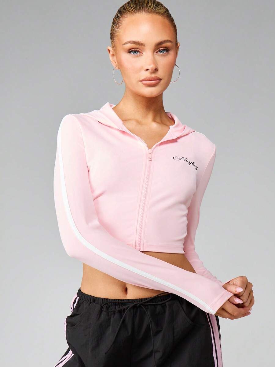 Missguided x Playboy 带帽短款拉链夹克，侧边条纹，休闲运动外套，适合训练和健身 - 粉色 - 查看 1
