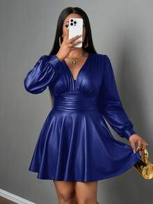 Slaydiva Váy da PU dáng chữ A dài tay xếp ly cổ chữ V tối giản màu trơn dành cho nữ, mùa đông - Màu xanh lam - Xem 6