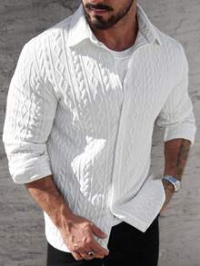 Manfinity CasualCool 男士几何纹理单排扣休闲长袖衬衫 男士白色长袖衬衫 男士纹理衬衫 针织男士衬衫 - 白色 - 查看 3