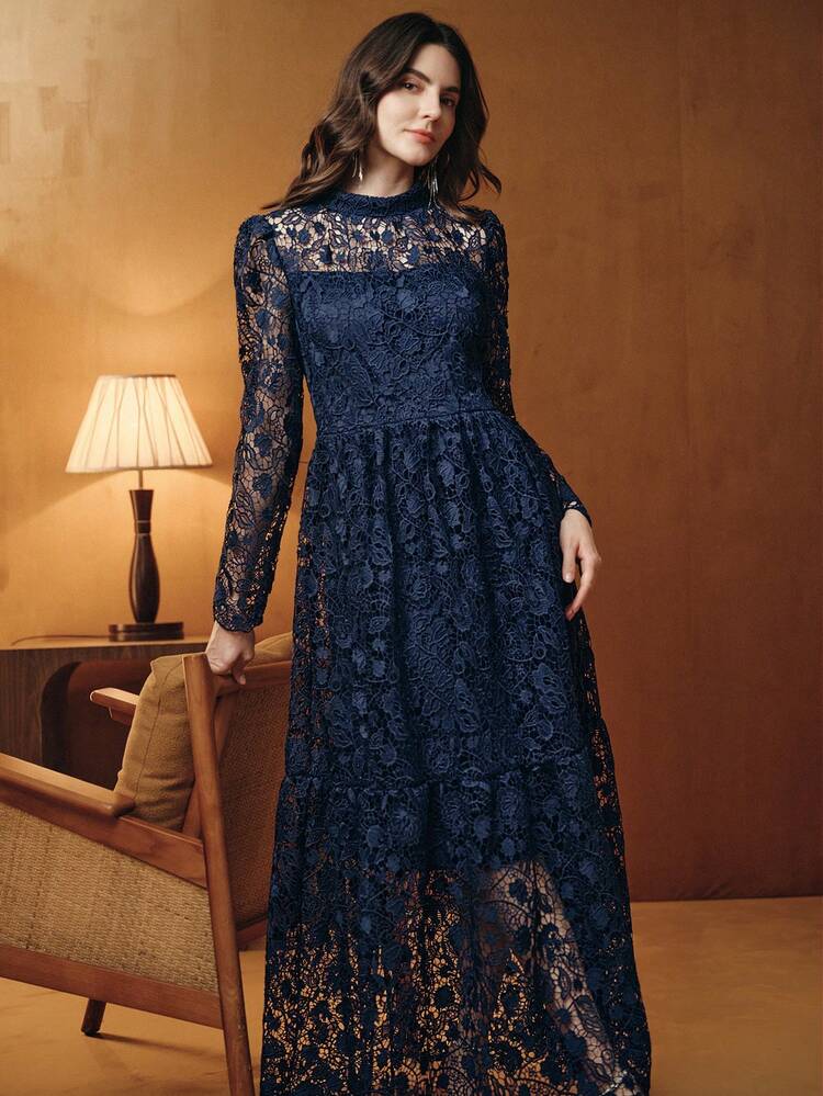 Women's Stand Collar Puff Sleeve Lace Elegant Dress, Suitable For Autumn, Going Out, Elegant, Formal, Party, Chic, New Year, Christmas, Work, Graduation, Wedding