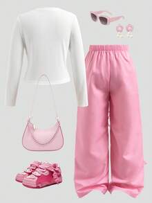 SHEIN Explorewe 2件套少女街头风T恤裤套装，立领长袖T恤带蝴蝶结和豹纹印花，裤子 - 粉色 - 查看 2