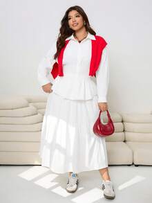 SHEIN EZwear 大码女式腰部收褶秋冬衬衫 - 白色 - 查看 4