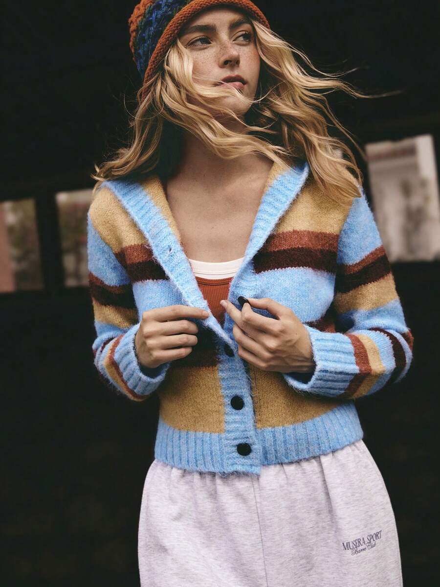 SHEIN Unity Cardigan régulier pour femme, sweat-shirt à capuche boutonnée bicolore, pull élégant et décontracté - Multicolore - Voir 1