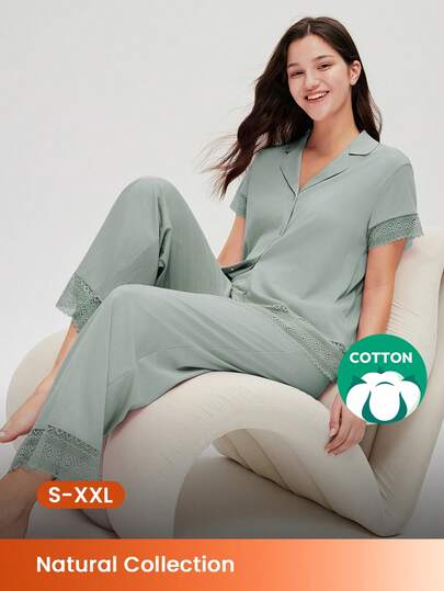 LUVLETTE Women Breathable 100% Pure Cotton Misty Forest Style Lace Elegance Trim Bridal Intimates Short-Sleeve Button-Up Top & Pants Airy Loungewear Pajama Set Pants With Pockets Lingerie Romantic Living Cozy At Home