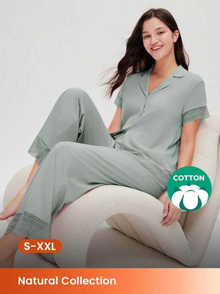 Women Lace Short-Sleeve Button-Up Top & Pants Pajama Set
