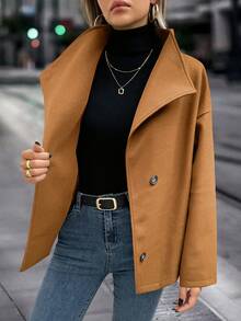 SHEIN Clasi Jaket Wanita Lengan Panjang Kerah Tegak Warna Polos dengan Kancing Depan, Modis untuk Musim Gugur/Dingin - Khaki - View 4