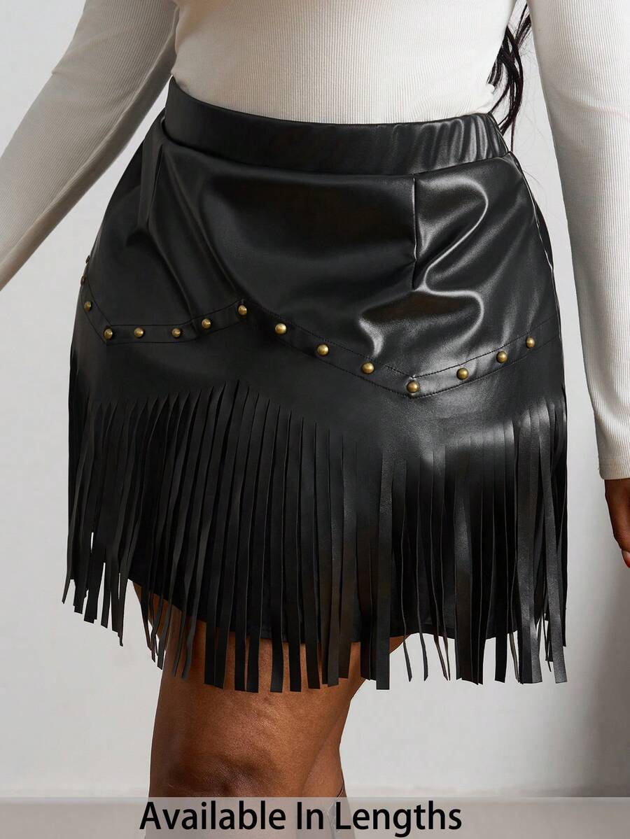 SHEIN PETITE CURVE Váy chữ A tua rua đinh tán cổ điển cỡ lớn bằng da lộn màu đen dành cho nữ, váy mùa thu, Nashville, váy cướp biển - màu đen - Xem 1