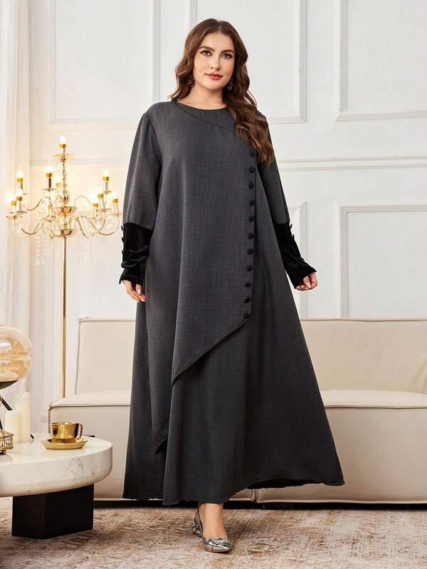 Al Najma Plus Size Women Arabic Style Casual Round Neck Long Sleeve Button Decor Loose Fit Maxi Dress, Spring/Autumn
