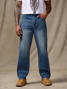 RivetRise Jeans rectos casuales para hombres con bolsillos, de estilo americano versátil en azul, para todas las temporadas - Azul - Ver 6