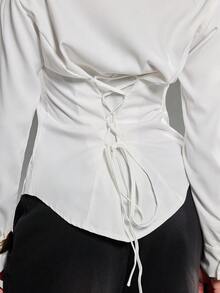 Normani Women's Casual Solid Color Drawstring Single-Breasted Shirt - White - View 7