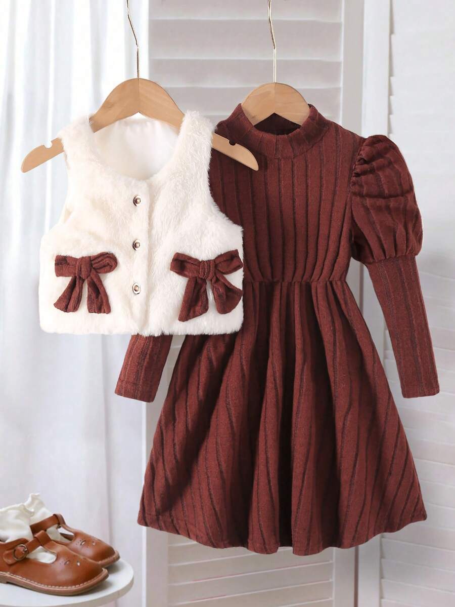 Elladie kids Kleine Mädchen Hochgeschlossenes Eleganz-Lady-Kleid mit aufgeblähten Ärmeln, taillierter Taille, einfarbig, flauschiger gerippter Stoff & rundhals kurze pelzige Schleife Weste, Herbst/Winter 2-teiliges Set