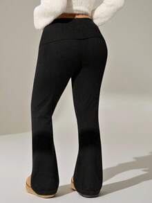 Auralis Plus Size Black Ribbed High Waist Cinched Flared Leg Fitted Pants, Suitable For Loungewear, Office, Y2K, Yoga/Winter Bell Bottom Pants Pants Flare Leg Flared Leggings Flared Pants For Women/Slim Fit, Comfortable, Soft Black High-Elasticity High-Waisted Flared Pants/Sweater Pants/Casual Loungewear - Black - View 3
