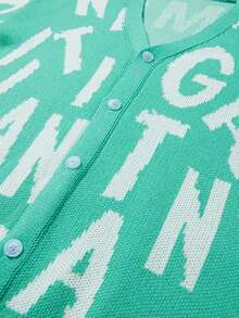 Manfinity Roghcode Men's Letter Pattern Long Sleeve Single-Breasted Casual Knit Cardigan, Autumn/Winter - Green - View 3