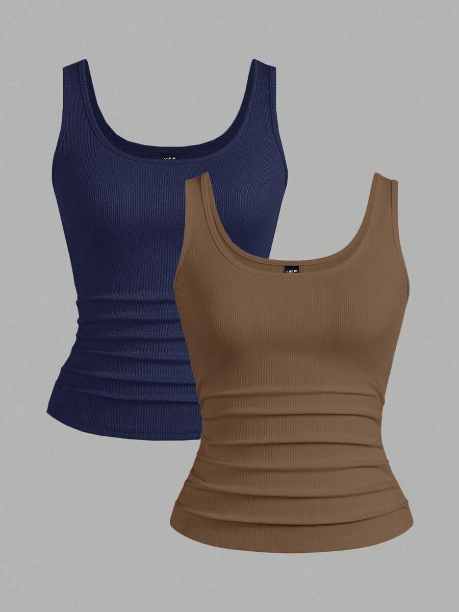 Slaydiva 2pcs/Pack Black + White Casual Basic Racerback Sleeveless Deep V-Neck Ribbed Tank Tops For Women - Multicolor - View 1