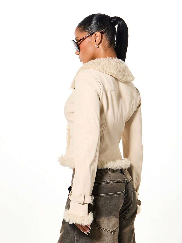 SUMWON WOMEN Faux Suede Sherpa Lined Cropped Jacket