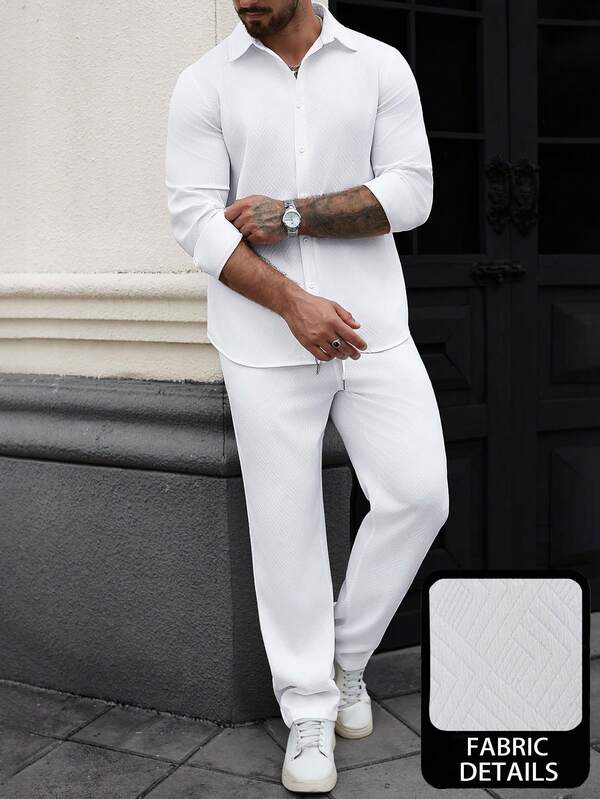 Manfinity CasualCool Traje casual de camisa larga y pantalones de hombre de una sola hilera con textura blanca