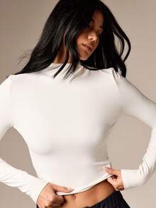 AiiRZ Mock Neck Long Sleeve Fitted Top Ribbed Casual Basic Tee Fall Winter Layering Essential - White - View 4