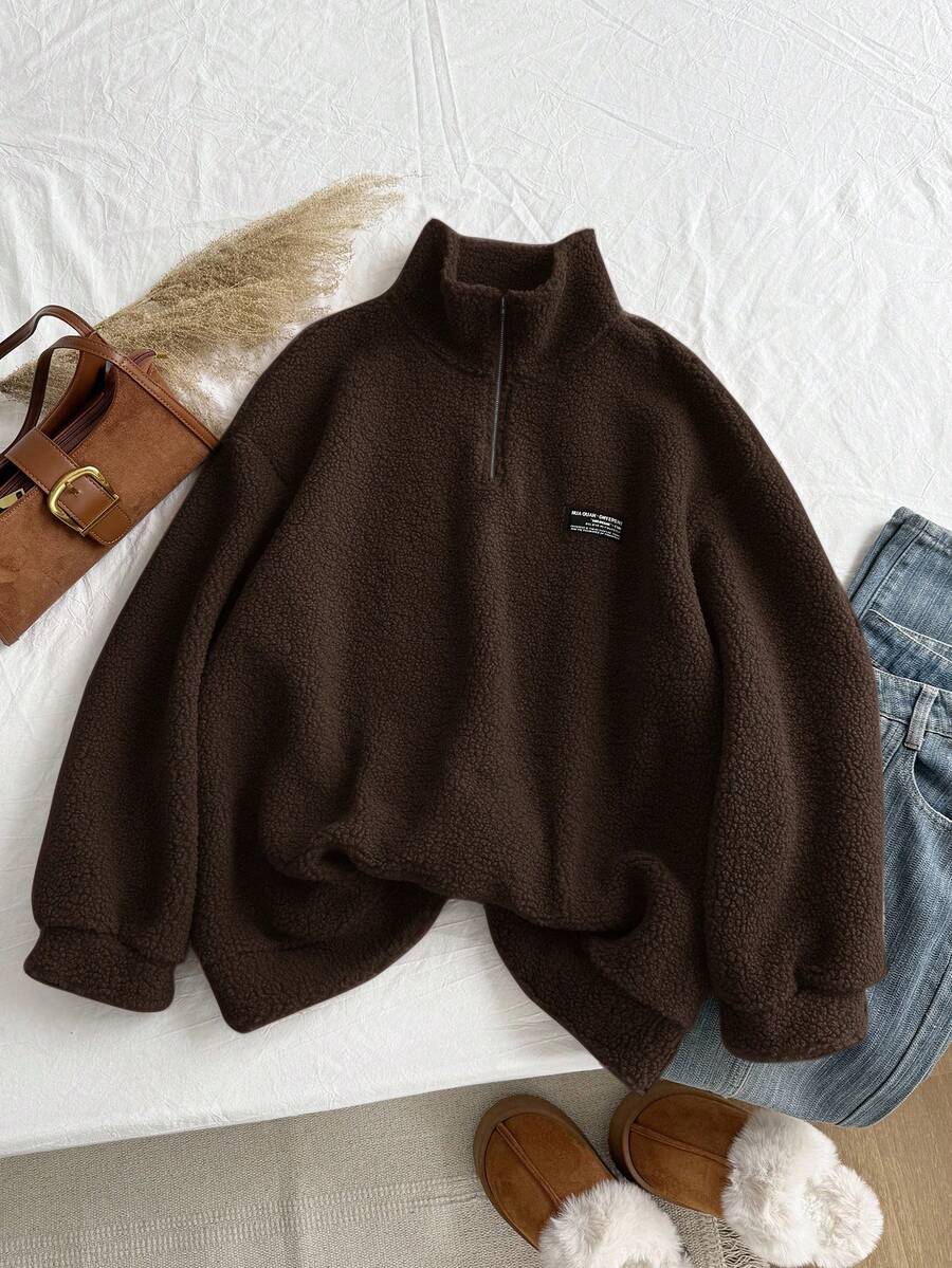 Comfortcana Plus Size Women Chocolate Brown Letter Graphic Zip-Up Half Placket Fleece Sweatshirt, Autumn/Winter - Chocolate Brown - View 1