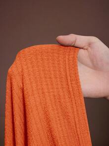 Veslaya 2件套/组 2025春夏新款休闲度假纯色褶皱面料尖下摆短袖上衣和松紧腰阔腿裤，大码女装 - 橘色 - 查看 10