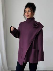 Elenzga 女士优雅羊毛披肩领大衣，秋冬约会的精致时尚之选 - 中紫紅色 - 查看 1