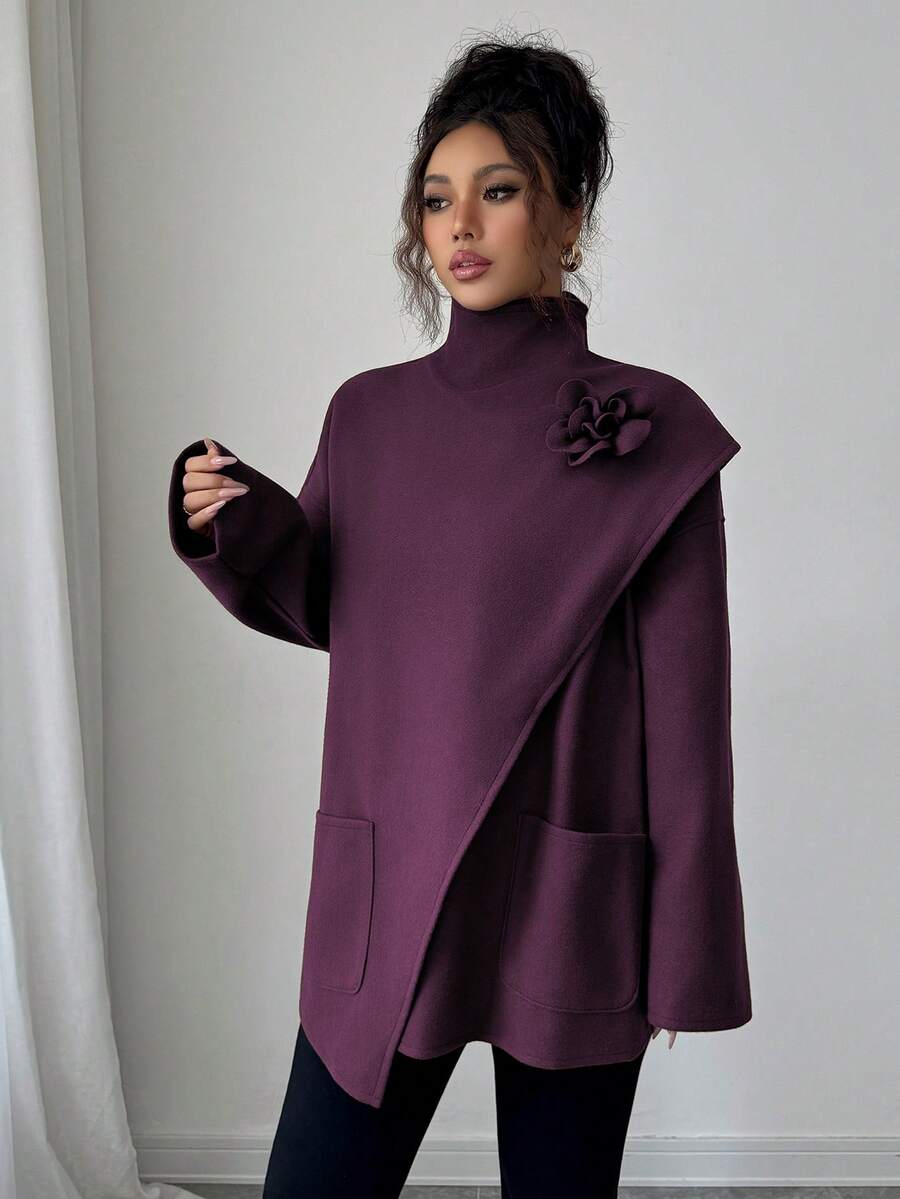 Elenzga 女士优雅羊毛披肩领大衣，秋冬约会的精致时尚之选 - 中紫紅色 - 查看 1