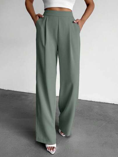 EURMUSE Petite Size Women's Solid Color High Waist Pleated Straight Leg Casual Pants