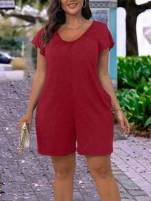 SHEIN LUNE Summer Loose Knit Round Neck Short Sleeve Pocket Solid Color Jumpsuit - Burgundy - View 6
