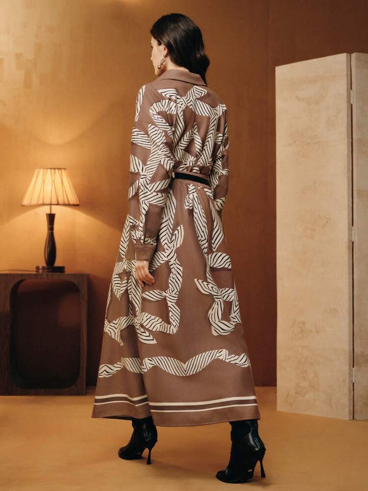 Autumn/Winter Fashionable High-End Deer Velvet Print Loose Long Sleeve Shirt & Midi Skirt 2 Pieces Set With Belt, Suitable For Autumn, Fall, Winter, Going Out, Elegant, Formal, Party, Chic, New Year, Christmas, Work, Graduation, Wedding