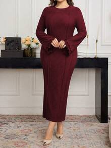 Modelyn Vestido midi ajustado de manga acampanada, cuello redondo y textura de punto de unicolor, para primavera/otoño, talla grande - Burdeos - Ver 6