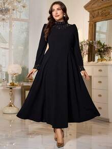 Modelyn Đầm ôm dáng thanh lịch cổ đứng đính hạt cỡ lớn cho nữ - màu đen - Xem 6