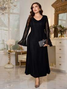 Modelyn Women's Elegant Vintage French Romantic Ruffled Hem Mermaid Hem Long Sleeve Plus Size Dress, Autumn/Winter - Black - View 1