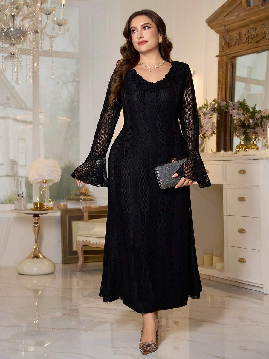 Modelyn Women's Elegant Vintage French Romantic Ruffled Hem Mermaid Hem Long Sleeve Plus Size Dress, Autumn/Winter - Black - View 1