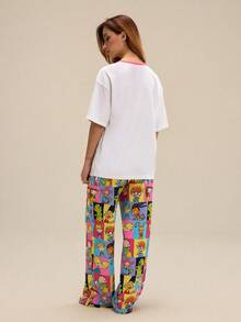 Nick 90s | SHEIN Women Cartoon Figure Graphic Round Neck Short Sleeve Top And Long Pants Pajama Set - Multicolor - View 2