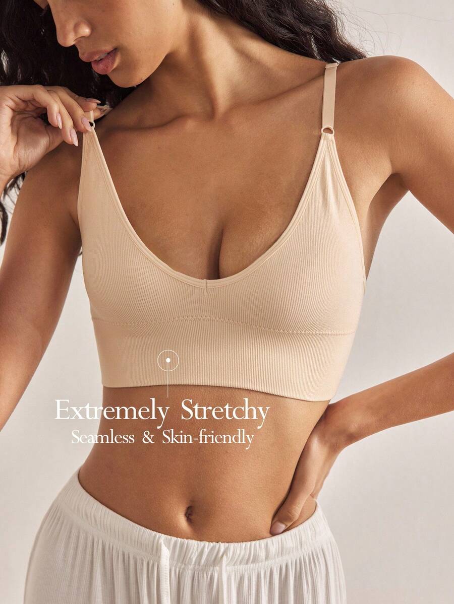 Ocili 1pc Seamless Wireless Soft Minimalist Neutral Colored Bralette, Comfortable And Simple For Summer Holiday - Apricot - View 1