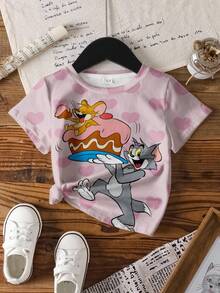 TOM & JERRY X SHEIN Young Girl Cute Cartoon Heart Print Short Sleeve T-Shirt, Casual Daily Commute - White - View 7